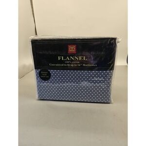 Bibb Home Twin Flannel Sheet Set Cotton 16" mattress Blue White Dots  New